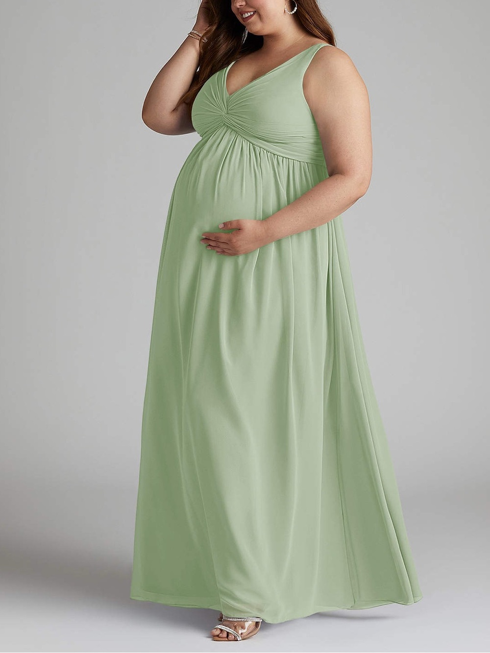 Azazie Yetta Pregnancy Bridesmaid A-Line VNeck Gathered Chiffon Dress Dusty Sage